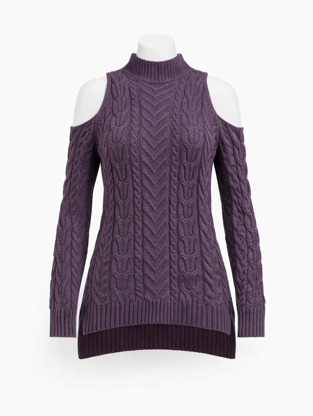 New York & Company Purple Cable Knit Cold Shoulder Sweater Large Mock Neck Chunk